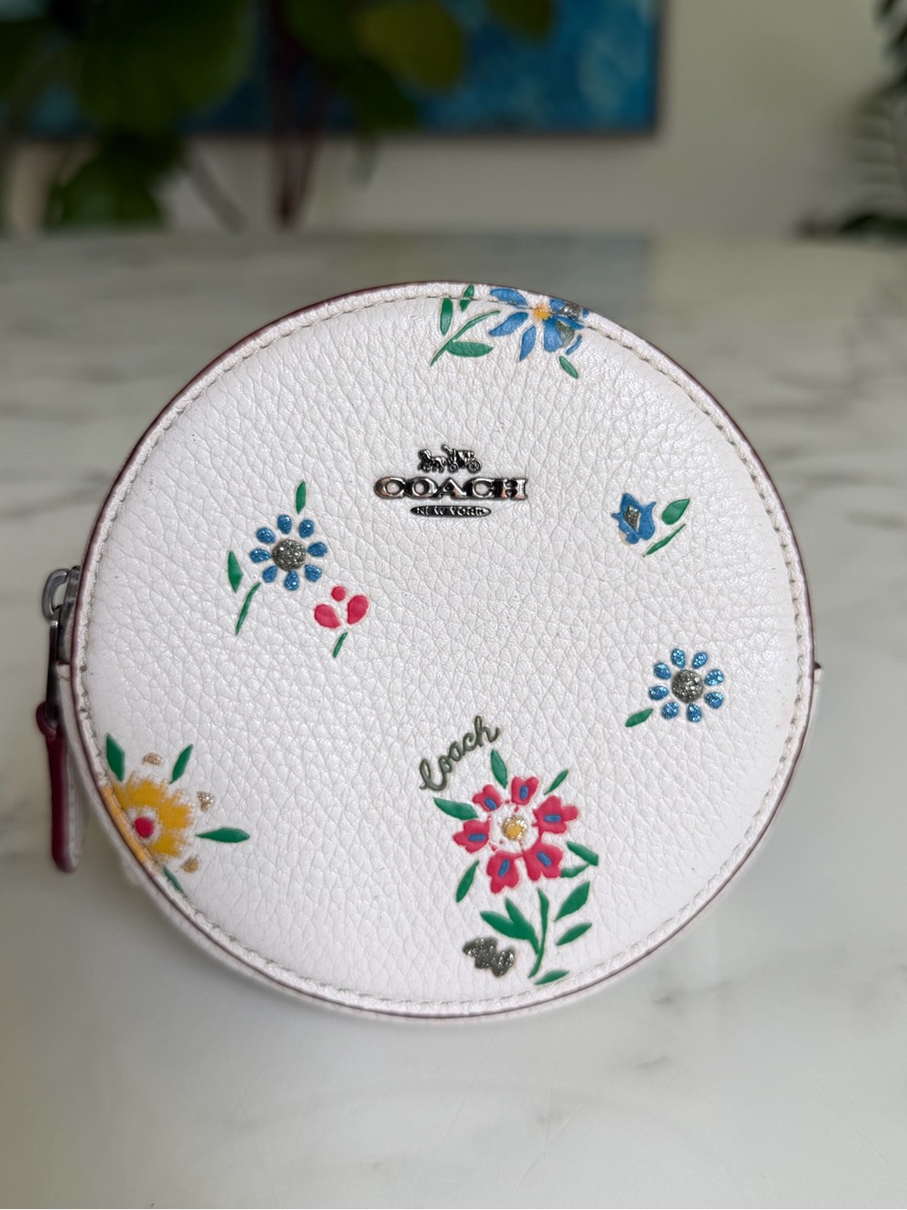 Coach Round Coin Case With Wildflower Print Chalk Floral Pebble Leather 1357